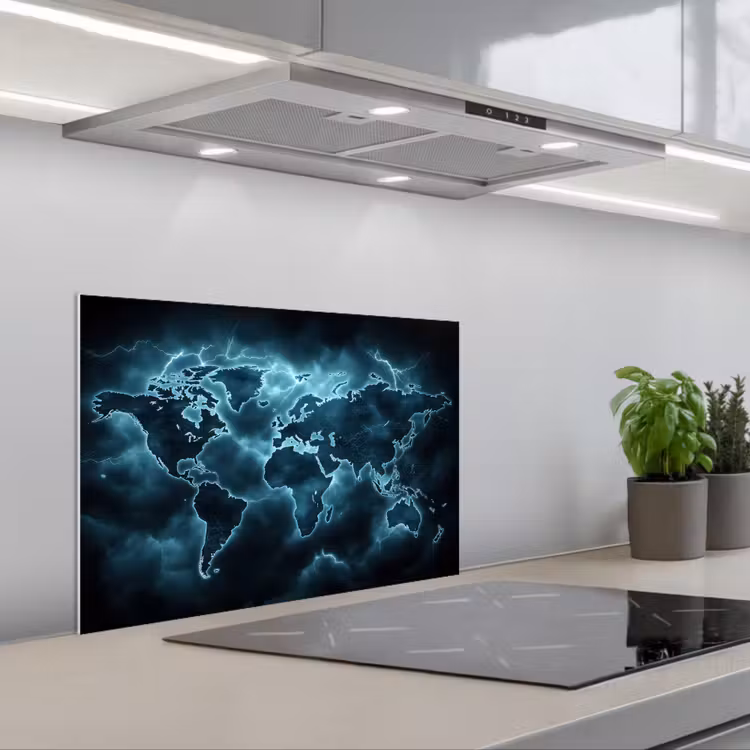 Wereldkaart - Bliksem - Blauw keuken achterwand spatscherm klein -3d_schuin