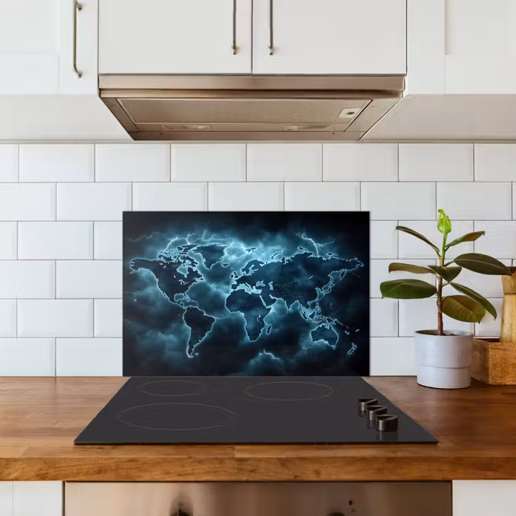 Wereldkaart - Bliksem - Blauw keuken achterwand spatscherm klein -sfeer2