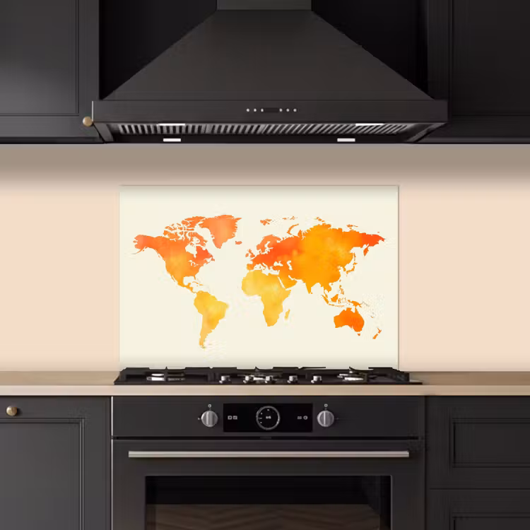 Wereldkaart - Oranje - Kleurrijk keuken achterwand spatscherm klein -sfeer1