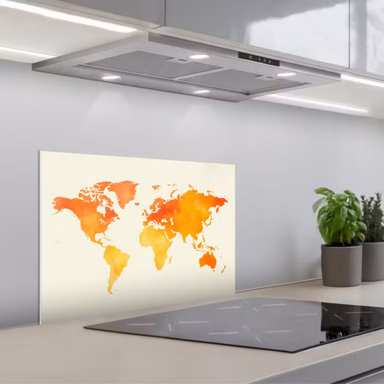 Wereldkaart - Oranje - Kleurrijk keuken achterwand spatscherm klein -3d_schuin