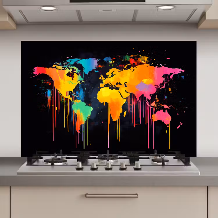 Wereldkaart - Verf - Kleurrijk - Graffiti - Wereld keuken achterwand spatscherm klein -3d_website