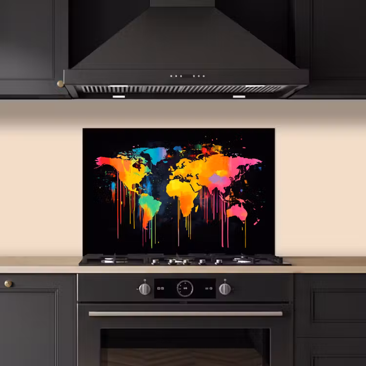 Wereldkaart - Verf - Kleurrijk - Graffiti - Wereld keuken achterwand spatscherm klein -sfeer1