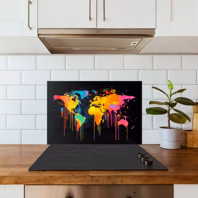 Wereldkaart - Verf - Kleurrijk - Graffiti - Wereld keuken achterwand spatscherm klein -sfeer2