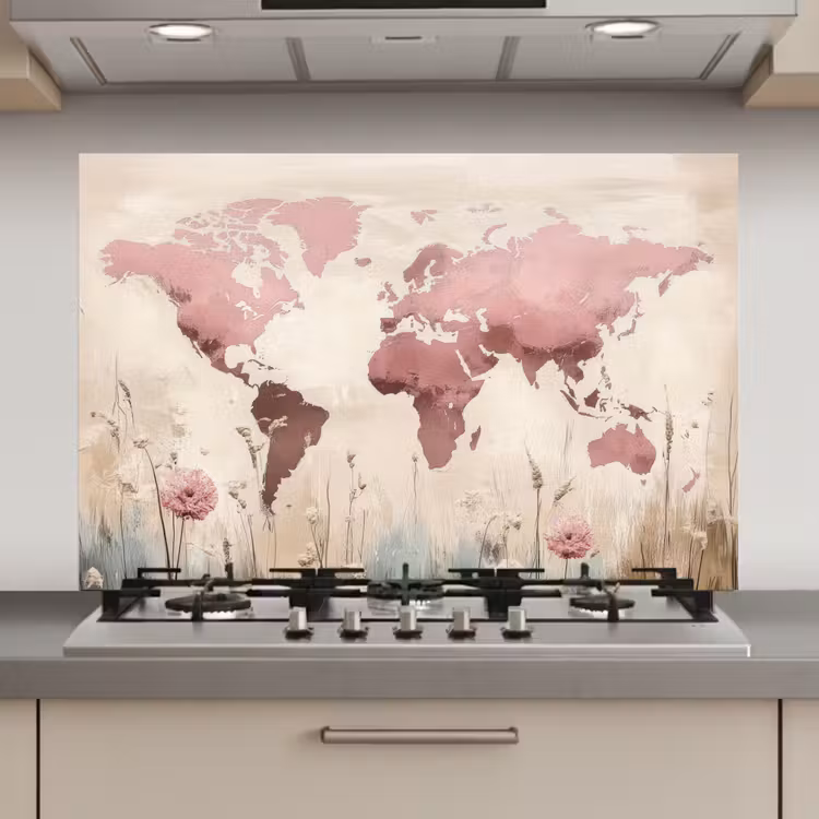 Wereldkaart - Roze - Bloemen keuken achterwand spatscherm klein -3d_website