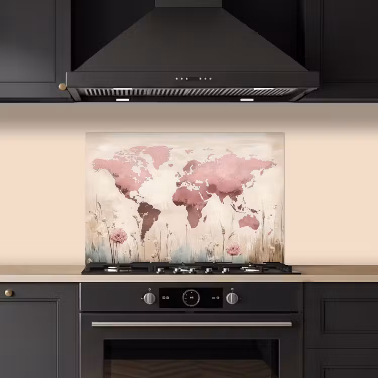 Wereldkaart - Roze - Bloemen keuken achterwand spatscherm klein -sfeer1