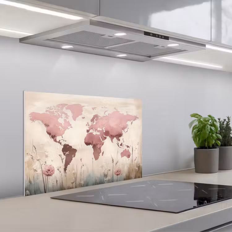 Wereldkaart - Roze - Bloemen keuken achterwand spatscherm klein -3d_schuin