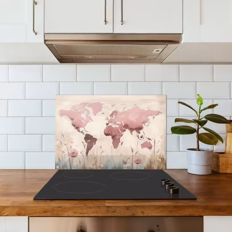 Wereldkaart - Roze - Bloemen keuken achterwand spatscherm klein -sfeer2