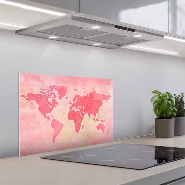 Wereldkaart - Roze - Vaag keuken achterwand spatscherm klein -3d_schuin