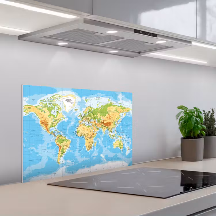 Wereldkaart - Staatkundig - Blauw - Aarde - Educatief keuken achterwand spatscherm klein -3d_schuin