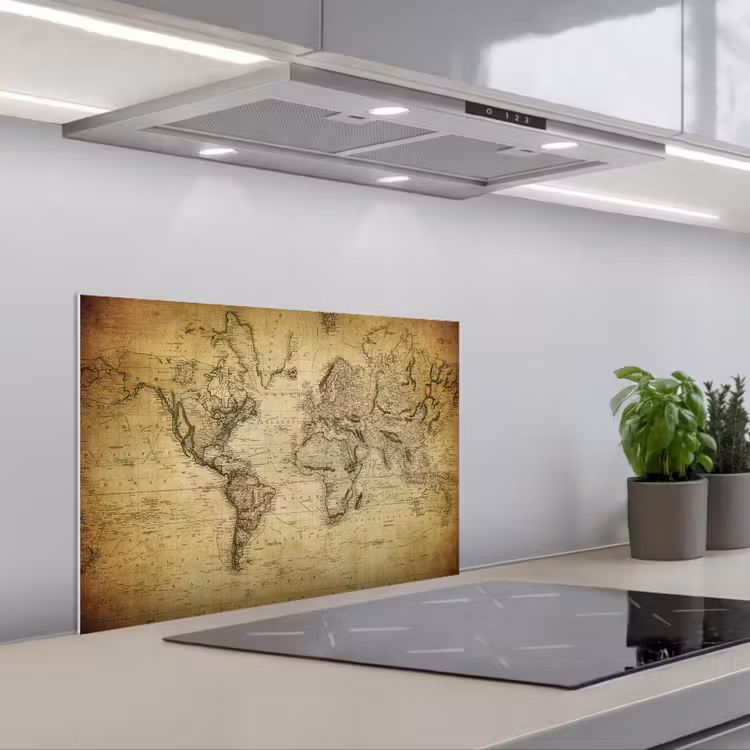 Wereldkaart - Vintage - Antiek - Bruin - Papier keuken achterwand spatscherm klein -3d_schuin