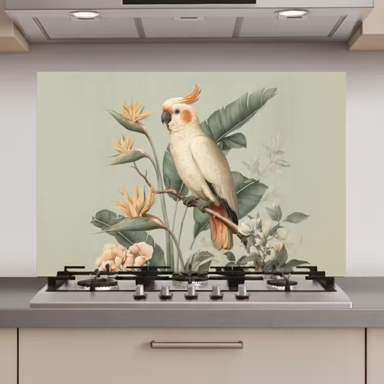 Gele kuifkaketoe - paradijsvogelbloemen - Groen keuken achterwand spatscherm klein -3d_website