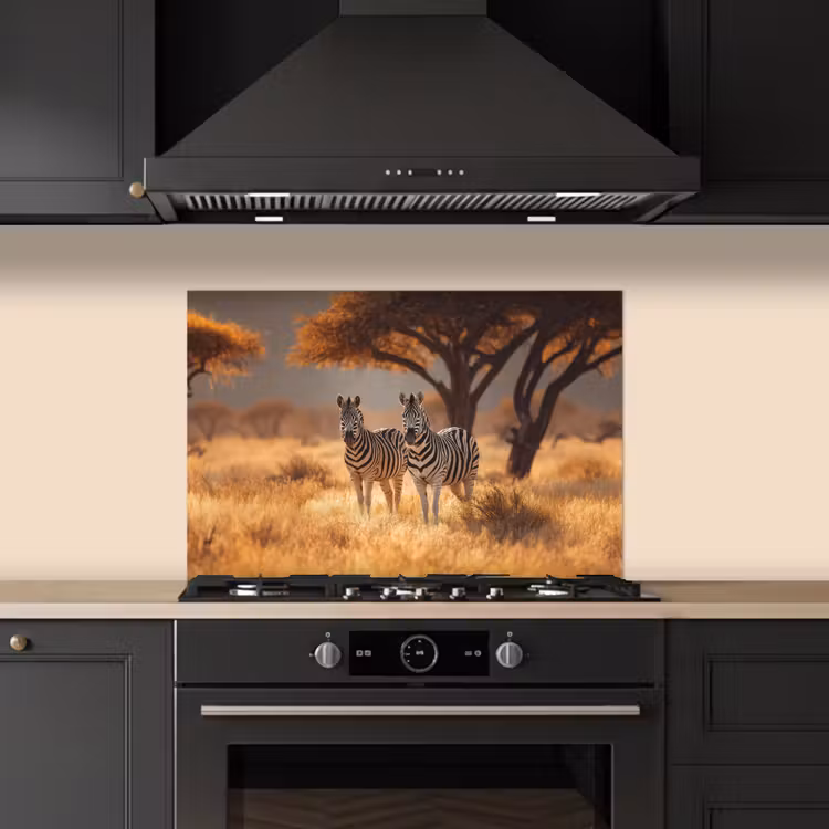 Zebra's - Savannelandschap - Gras keuken achterwand spatscherm klein -sfeer1