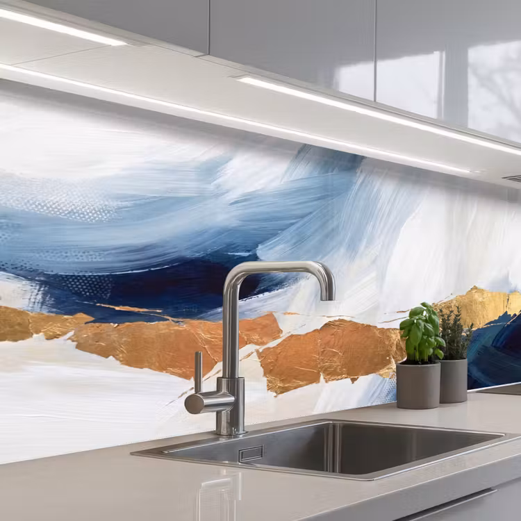 Abstract - Acryl - Blauw - Goud - Elegant keuken achterwand 2 middel -3d_schuin