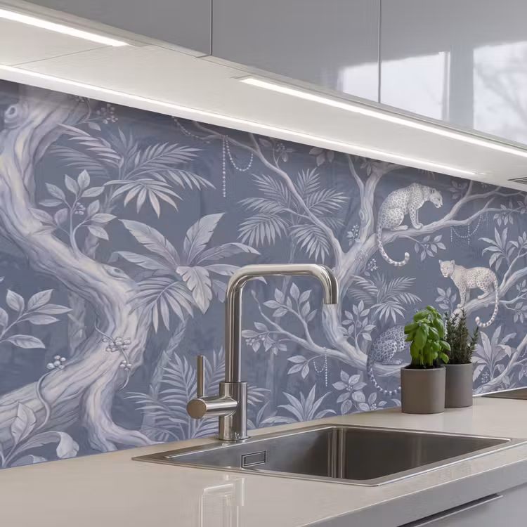 Dieren - Jungle - Illustratie - Bomen - Blauw keuken achterwand 2 middel -3d_schuin