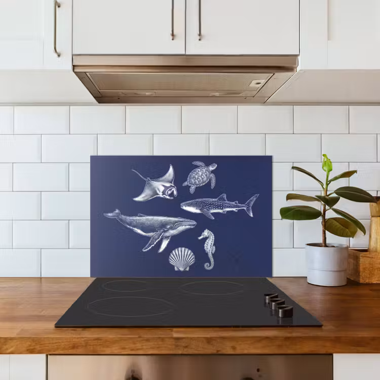 Dieren - Zeeleven - Oceaan - Graveren - Blauw keuken achterwand spatscherm klein -sfeer2