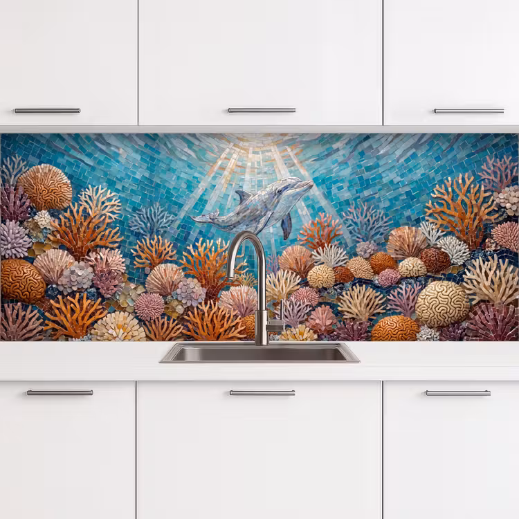 Dieren - Mozaïek - Oceaan - Koraal - Blauw keuken achterwand 2 middel -3d
