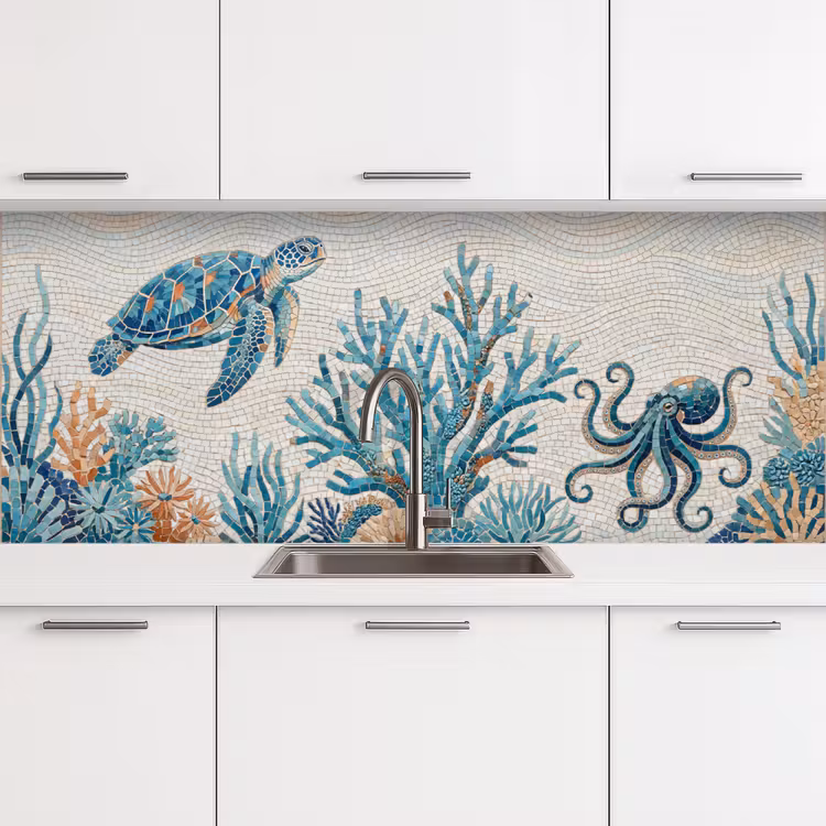 Dieren - Onderwater - Natuur - Mozaïek - Blauw keuken achterwand 2 middel -3d
