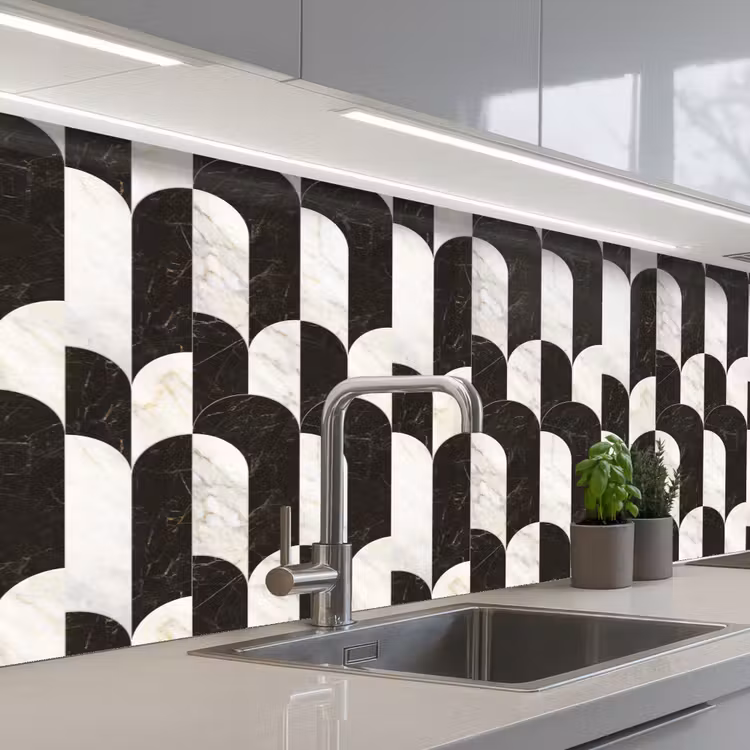 Bogen - Tegels - Marmer - Zwart - Wit keuken achterwand 2 middel 871 -3d_schuin