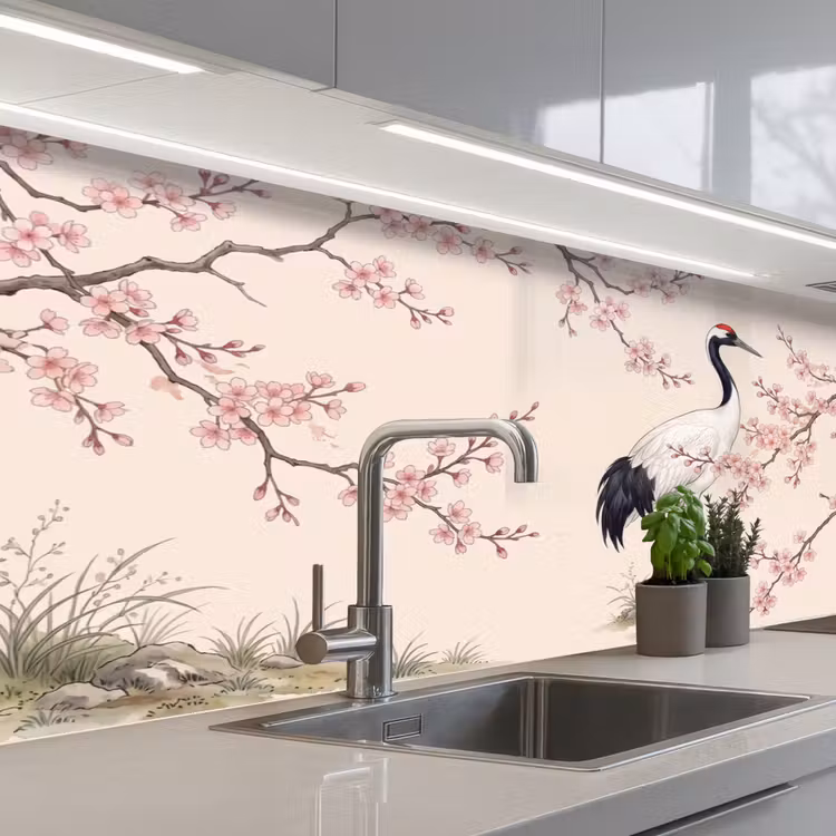 Aziatisch - Kraanvogel - Beige keuken achterwand 2 middel -3d_schuin