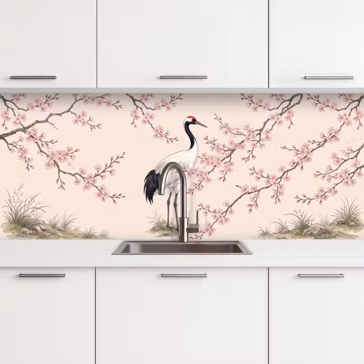 Aziatisch - Kraanvogel - Beige keuken achterwand 2 middel -3d