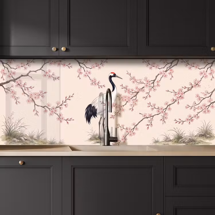 Aziatisch - Kraanvogel - Beige keuken achterwand 2 middel -sfeer1