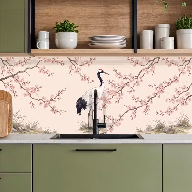 Aziatisch - Kraanvogel - Beige keuken achterwand 2 middel -sfeer3
