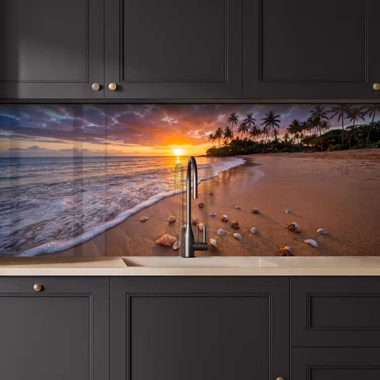 Strand - Zonsondergang - Palmbomen - Natuur - Oranje keuken achterwand 2 middel -sfeer1