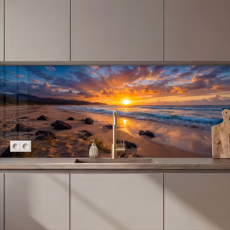 Strand - Zonsondergang - Golven - Natuur - Oranje keuken achterwand 2 middel zz_3dshopping