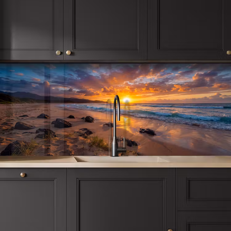 Strand - Zonsondergang - Golven - Natuur - Oranje keuken achterwand 2 middel -sfeer1