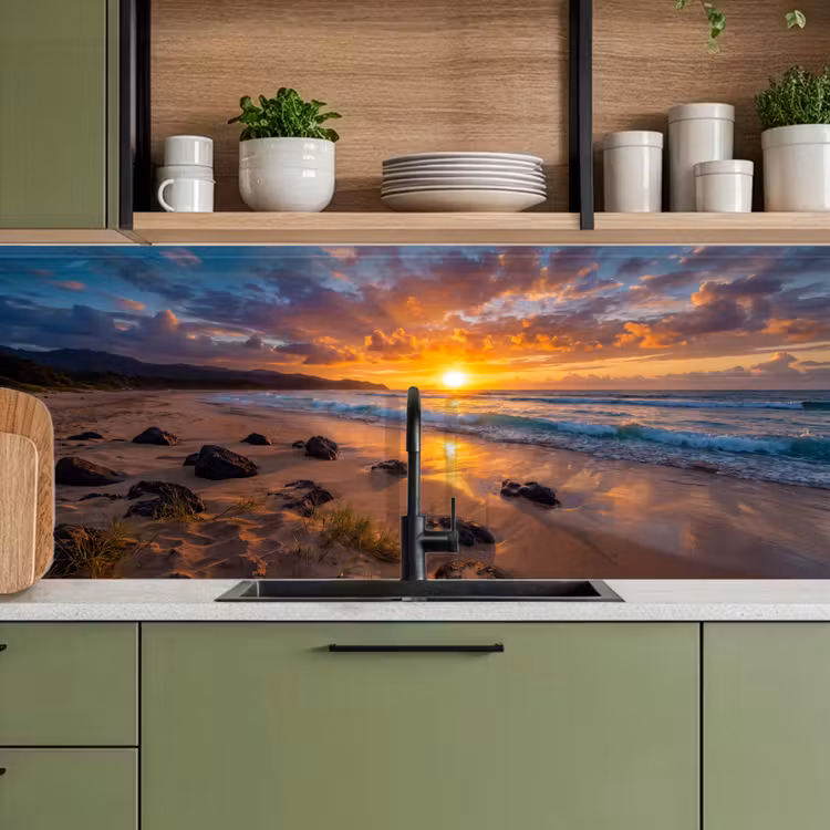 Strand - Zonsondergang - Golven - Natuur - Oranje keuken achterwand 2 middel -sfeer3