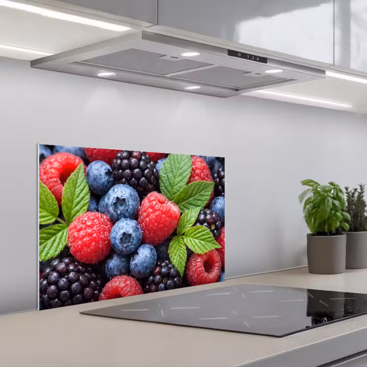 Bessen - Vers - Waterdruppels - Kleurrijk - Eten keuken achterwand spatscherm klein -3d_schuin