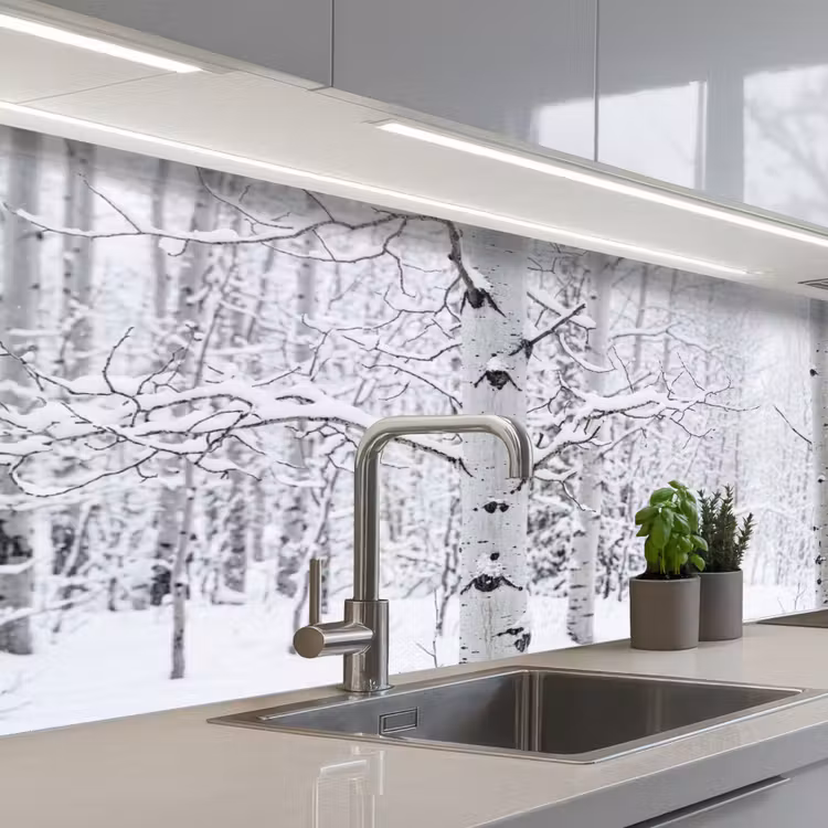 Berkenbomen - Sneeuw - Winter - Bos - Wit keuken achterwand 2 middel -3d_schuin