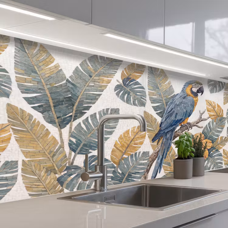 Vogel - Tak - Natuur - Mozaïek - Blauw keuken achterwand 2 middel -3d_schuin