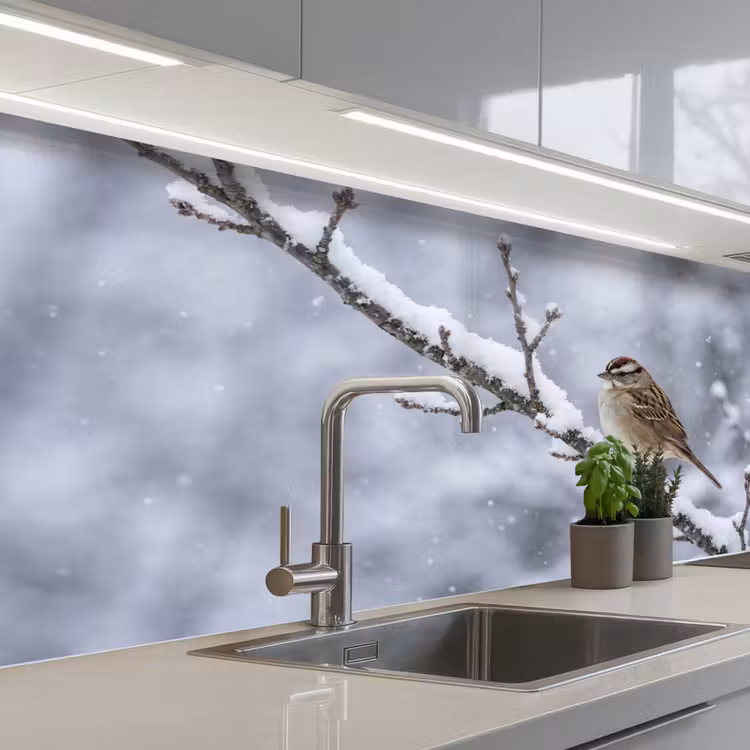 Vogel - Tak - Sneeuw - Winter keuken achterwand 2 middel -3d_schuin