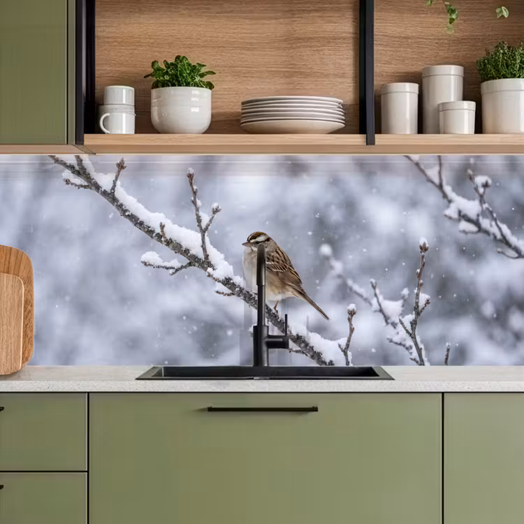 Vogel - Tak - Sneeuw - Winter keuken achterwand 2 middel -sfeer3