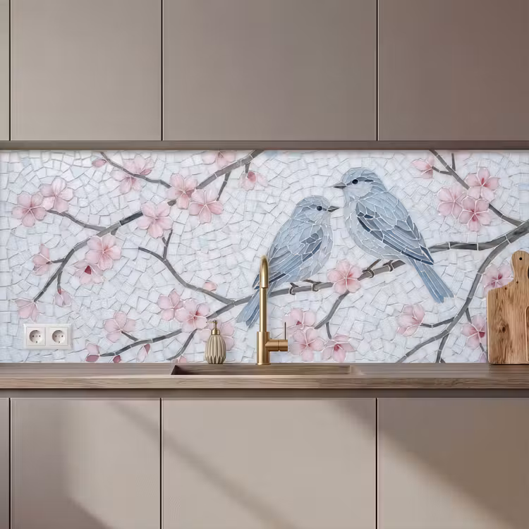 Vogel - Bloemen - Natuur - Mozaïek - Roze keuken achterwand 2 middel zz_3dshopping