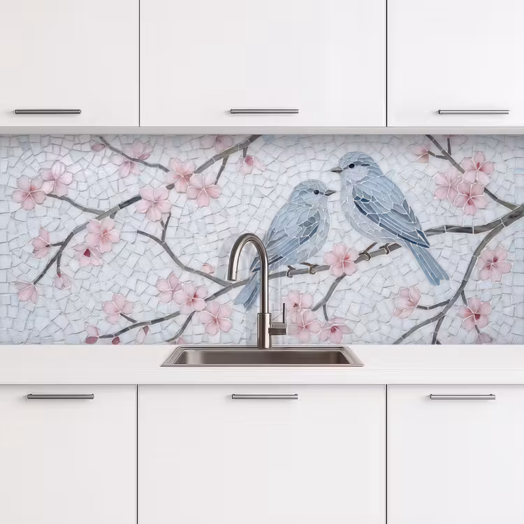 Vogel - Bloemen - Natuur - Mozaïek - Roze keuken achterwand 2 middel -3d