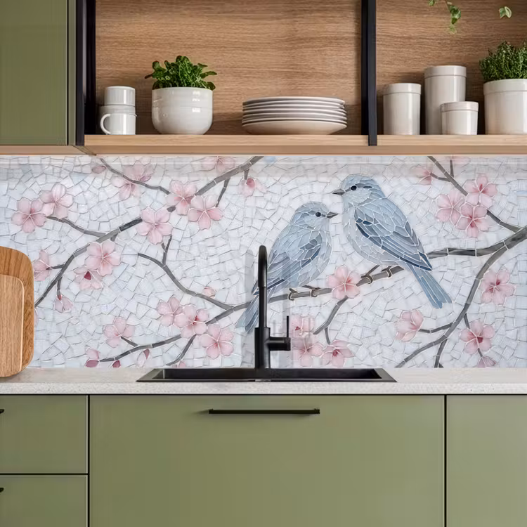 Vogel - Bloemen - Natuur - Mozaïek - Roze keuken achterwand 2 middel -sfeer3