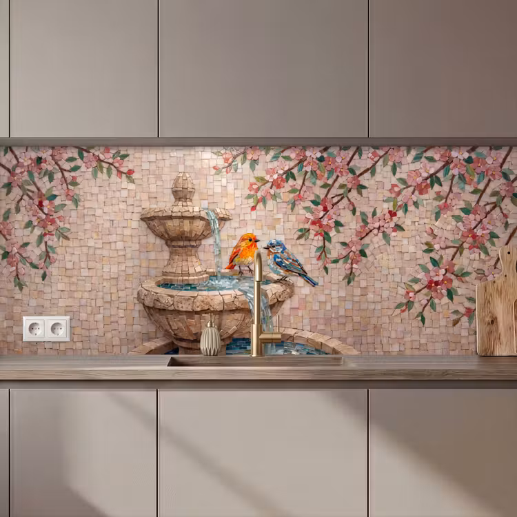 Vogel - fontein - mozaiek - kleurrijk - dieren keuken achterwand 2 middel zz_3dshopping