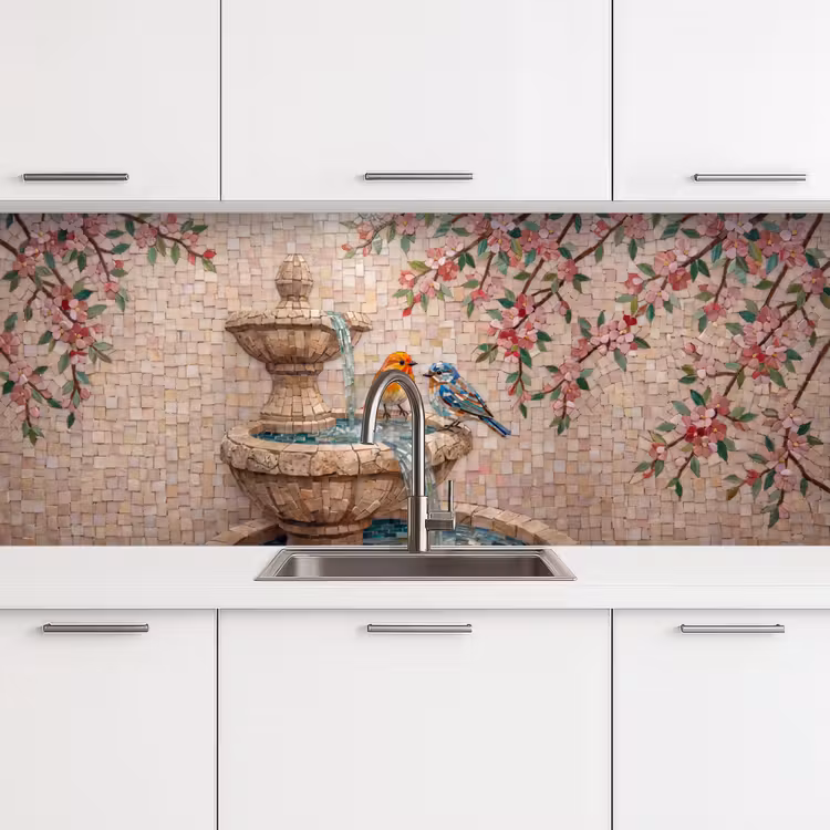 Vogel - fontein - mozaiek - kleurrijk - dieren keuken achterwand 2 middel -3d