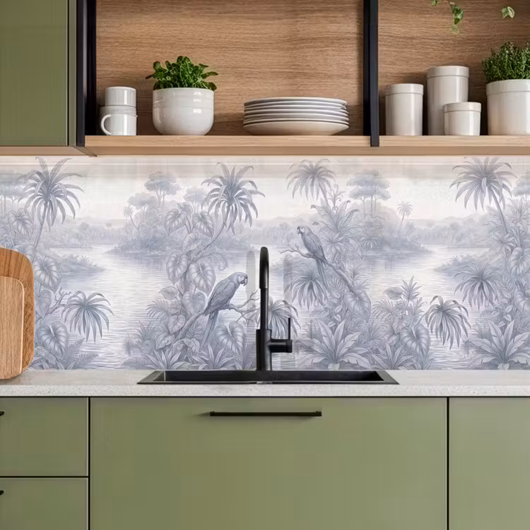 Vogel - Rivier - Tropisch - Illustratie - Blauw keuken achterwand 2 middel -sfeer3
