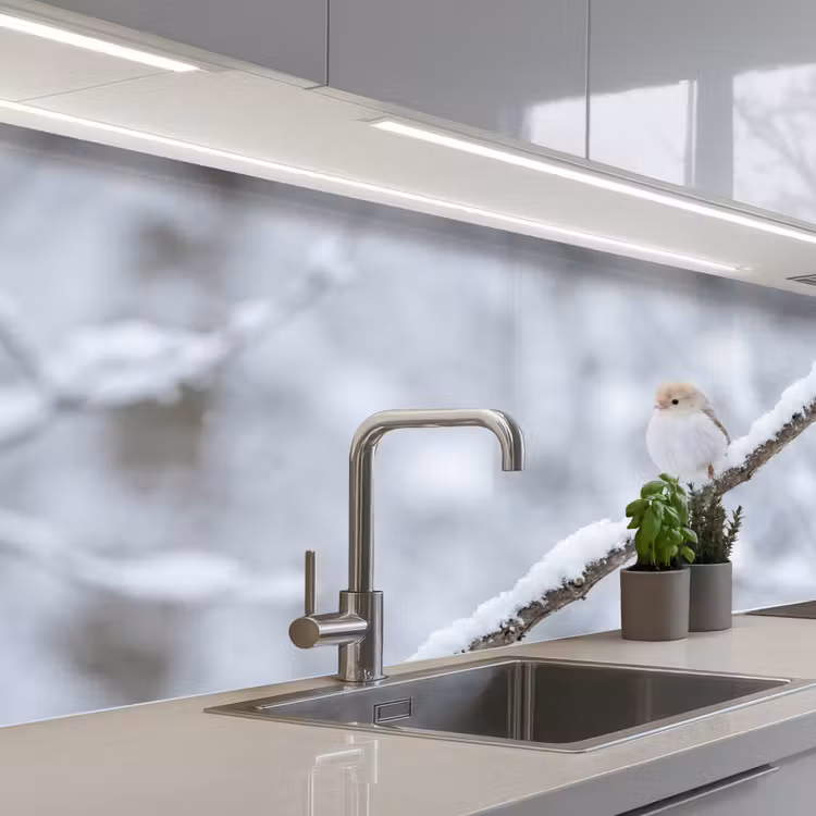 Vogeltje - Sneeuw - Tak - Winter - Zacht keuken achterwand 2 middel -3d_schuin