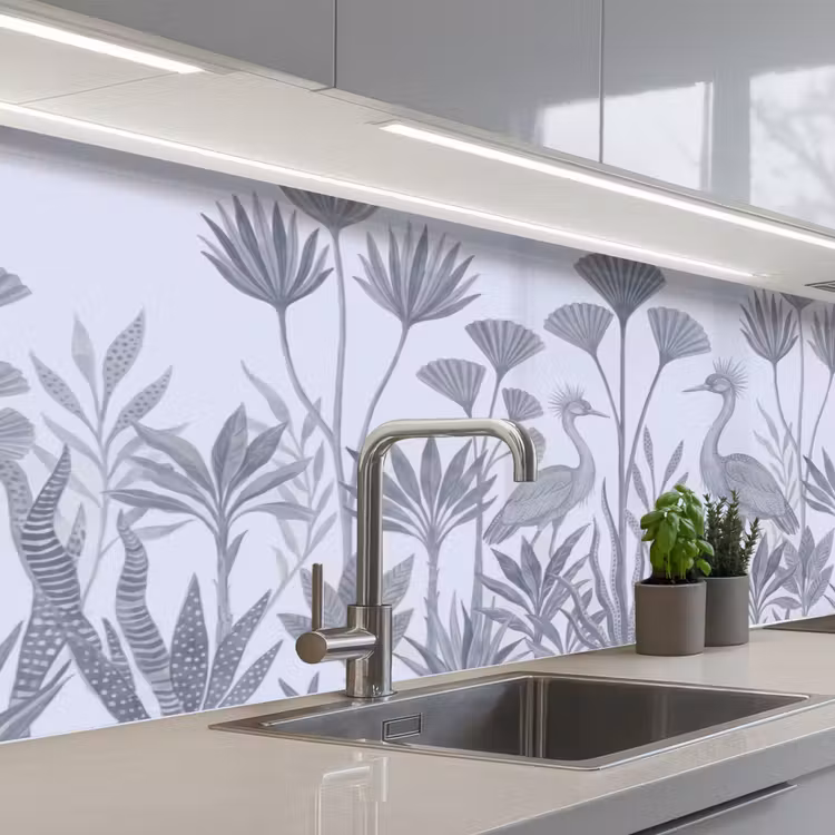 Vogel - Tropisch - Illustratie - Blauwgrijs - Natuur keuken achterwand 2 middel -3d_schuin