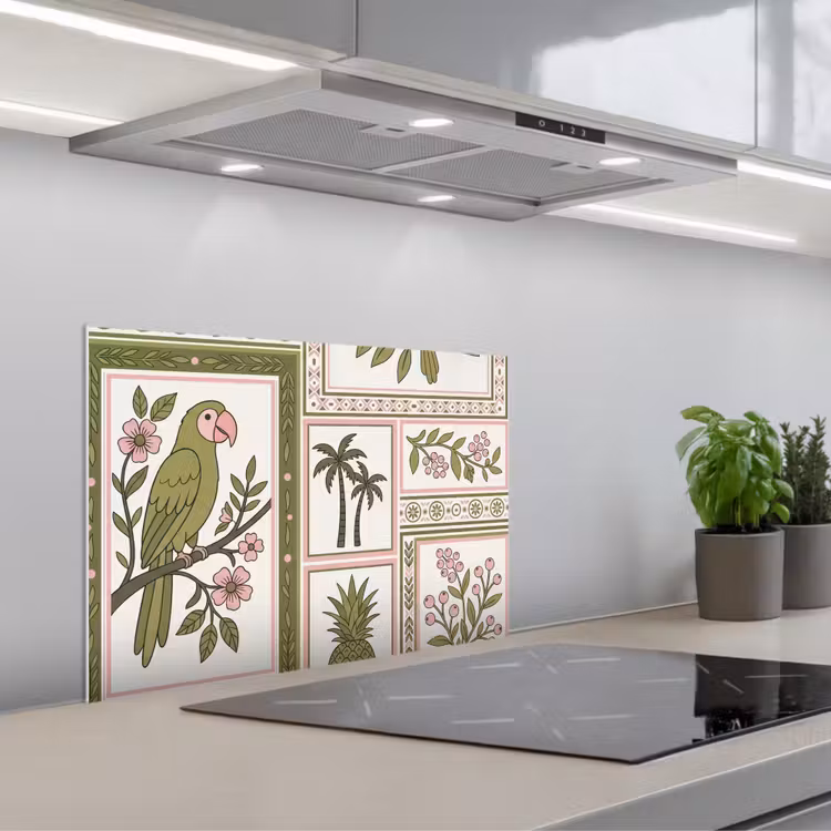 Vogel - Tropisch - Patroon - Decoratief - Groen keuken achterwand spatscherm klein -3d_schuin