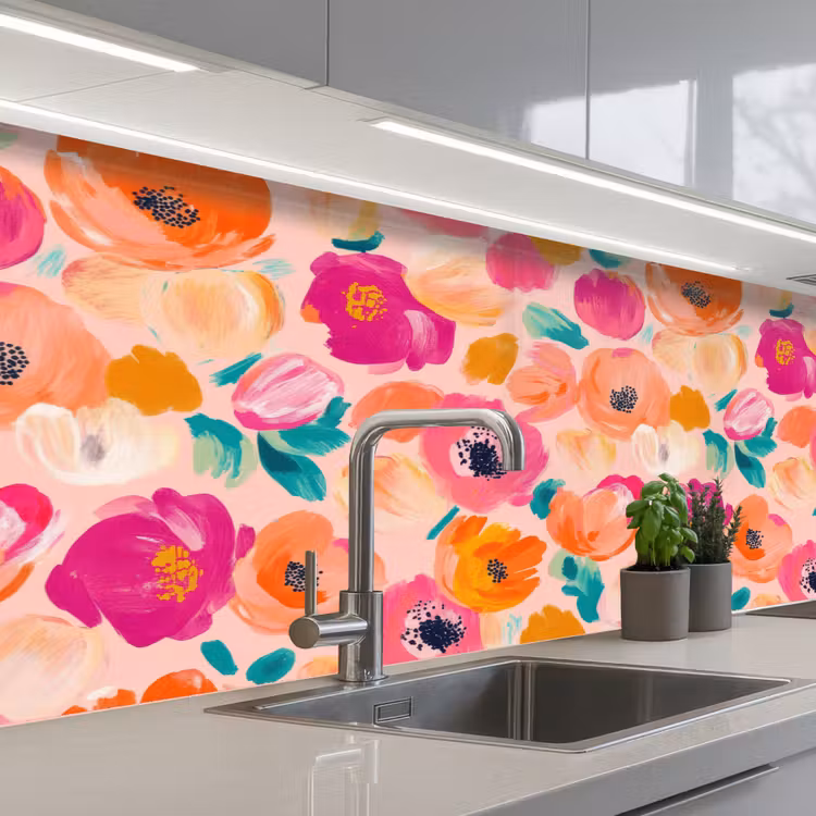 Bloesems - Vrolijk - Kleurrijk keuken achterwand 2 middel 871 -3d_schuin