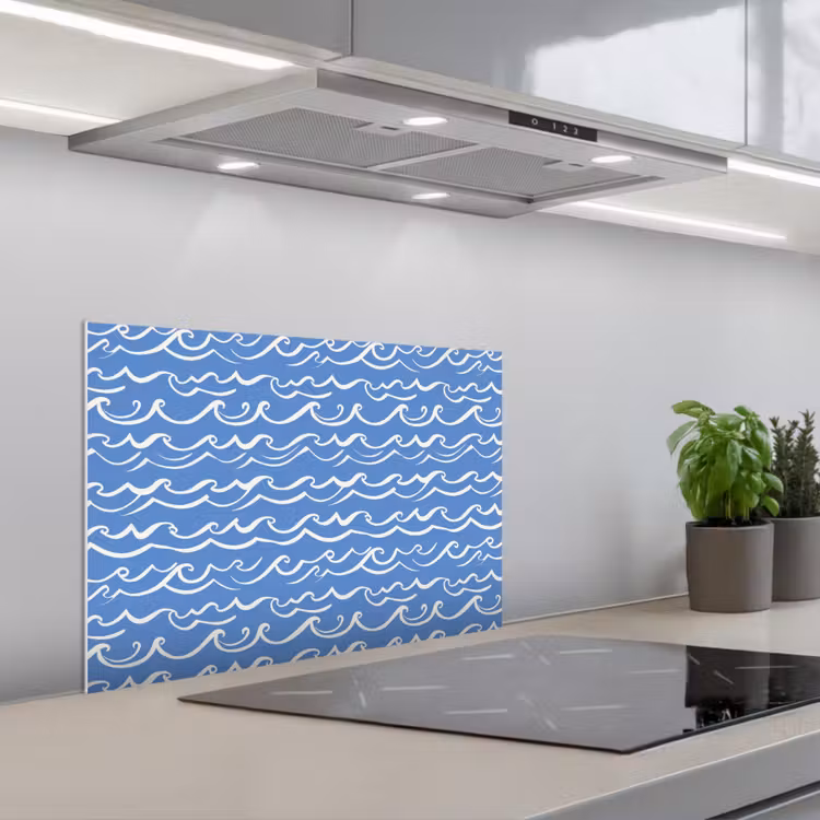 Blauw - Wit - Simpel - Getekend - Golven keuken achterwand spatscherm klein 900 -3d_schuin