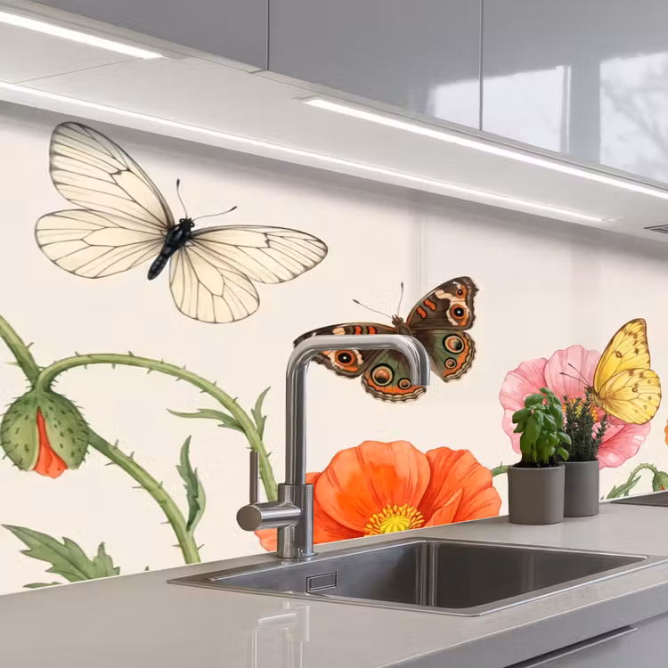 Vlinders - Klaprozen - Illustratie - Kleurrijk keuken achterwand 2 middel -3d_schuin