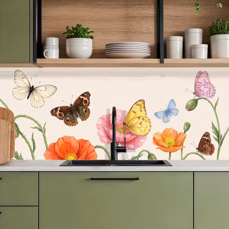 Vlinders - Klaprozen - Illustratie - Kleurrijk keuken achterwand 2 middel -sfeer3
