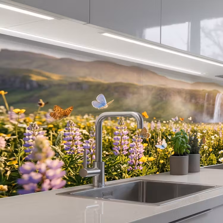 Vlinders - Waterval - Bloemenveld keuken achterwand 2 middel -3d_schuin