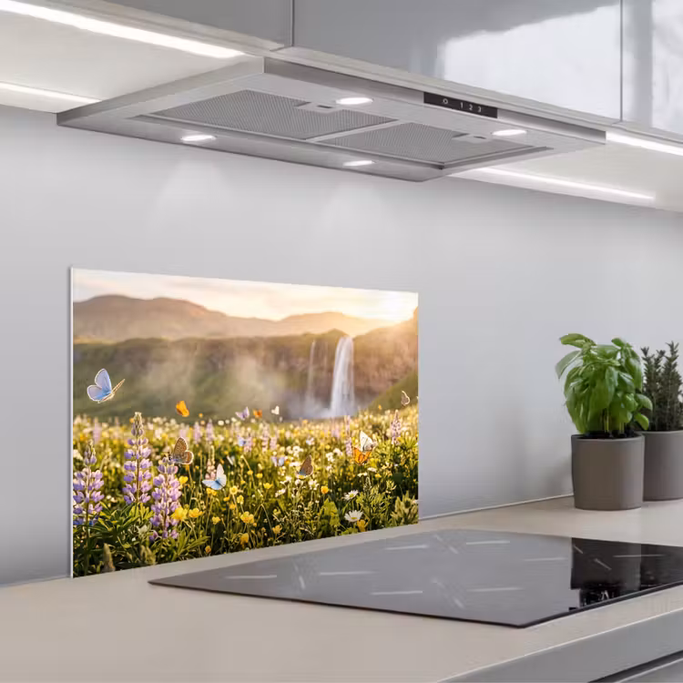 Vlinders - Waterval - Bloemenveld keuken achterwand 2 middel -3d